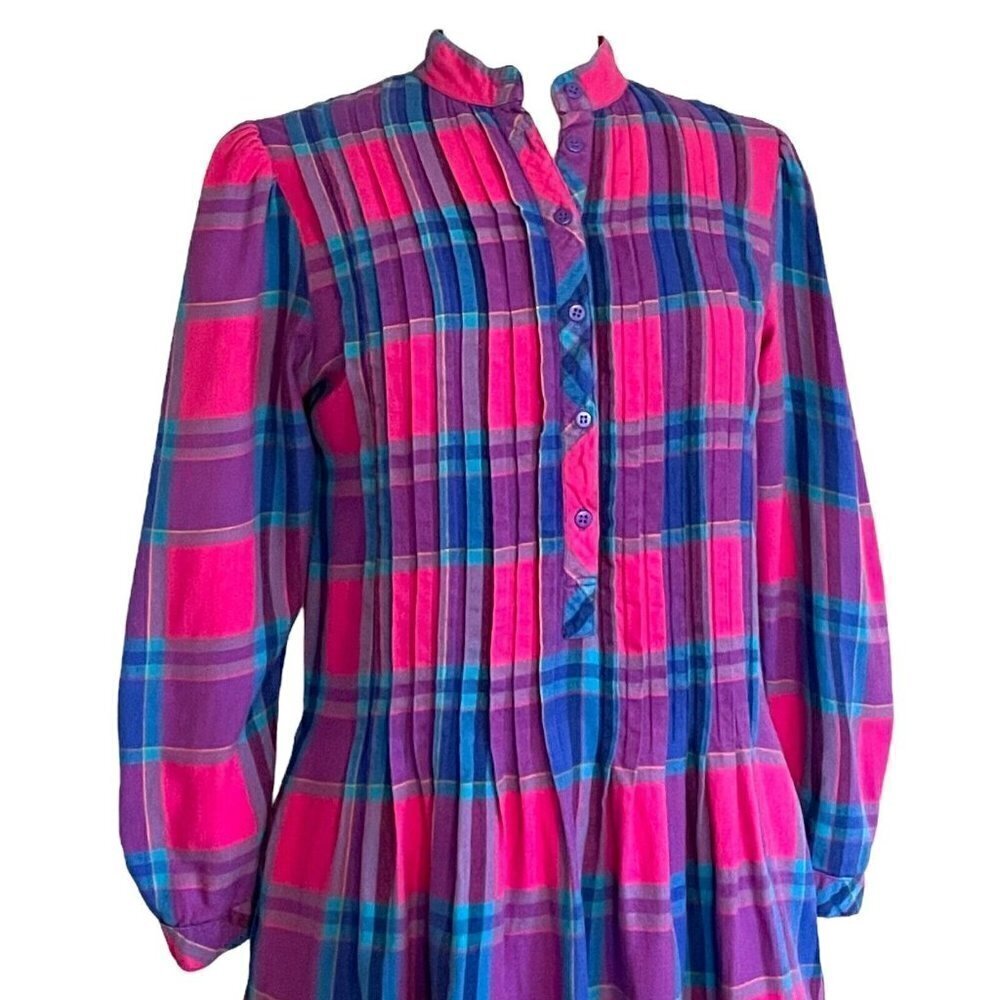 Matti Sport Vintage 1980s Cottagecore Midi Dress Flannel Plaid Puff Sleeve Sz 8 - Picture 7 of 10